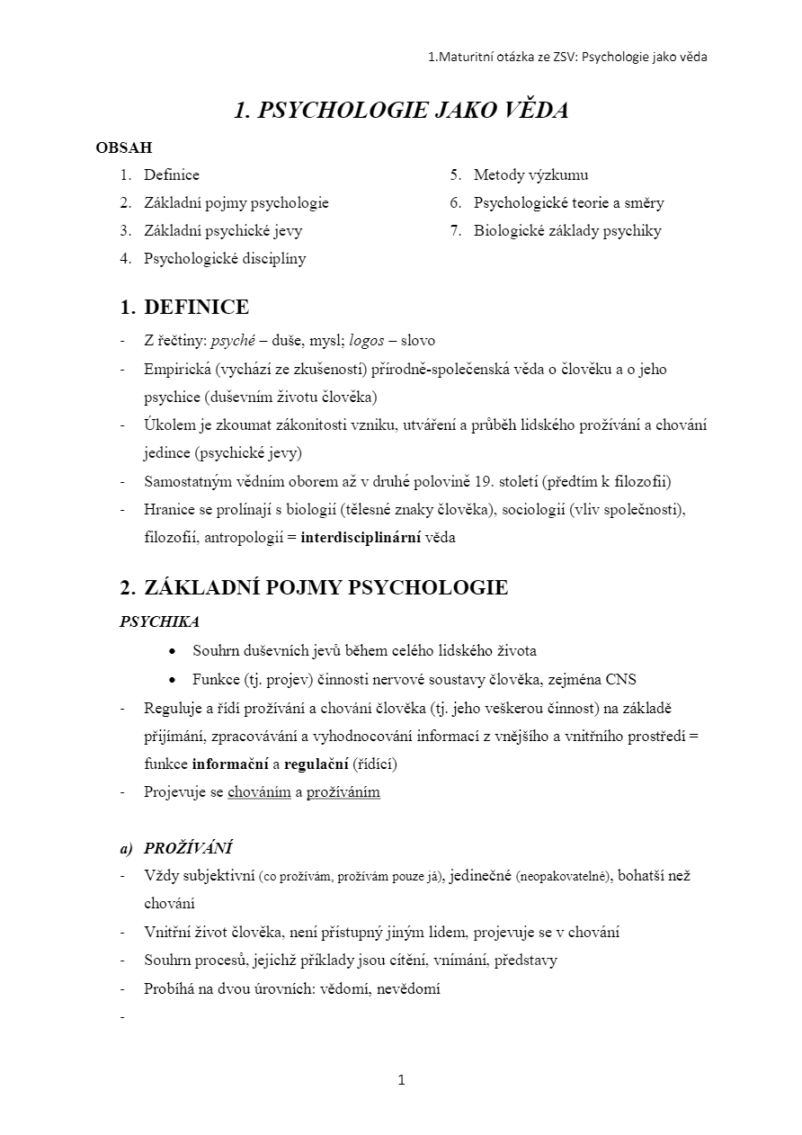 1. PSYCHOLOGIE JAKO VĚDA