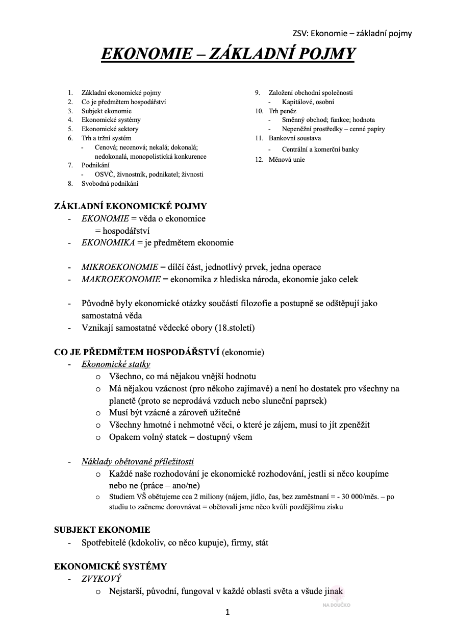 EKONOMIE - ZÁKLADNÍ POJMY