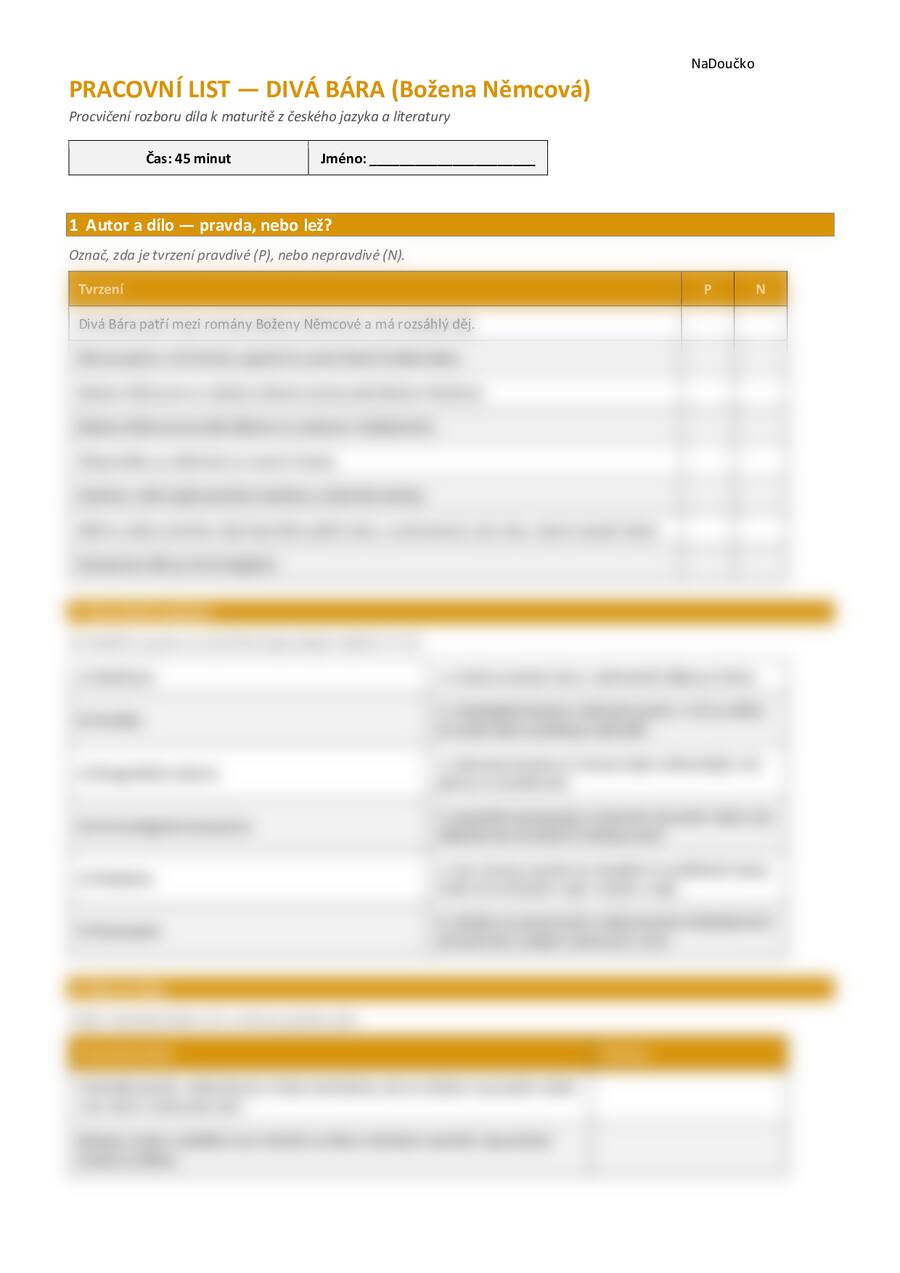 Pracovní list k dílu Divá Bára - Božena Němcová
