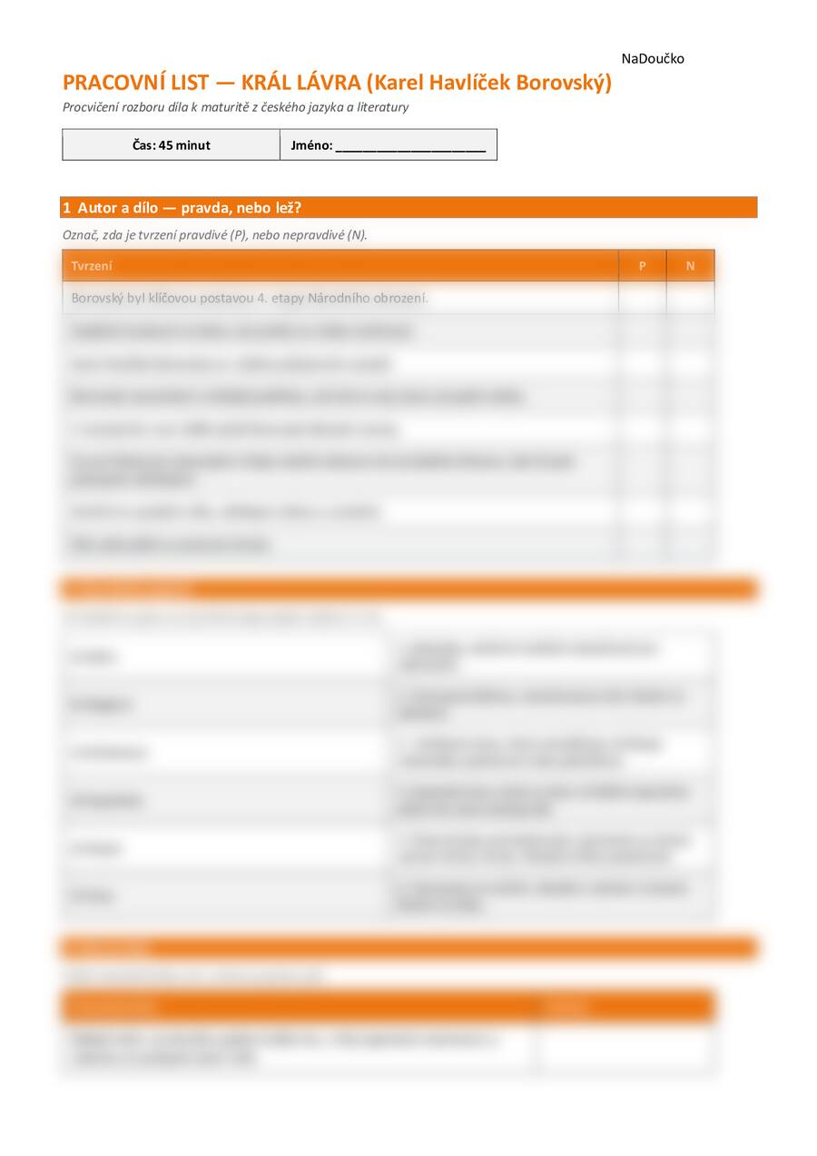 Pracovní list k dílu Král Lávra - Karel Havlíček Borovský