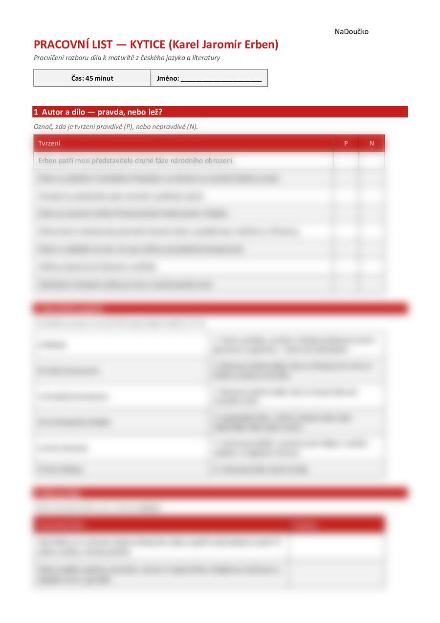 Pracovní list k dílu Kytice - Karel Jaromír Erben