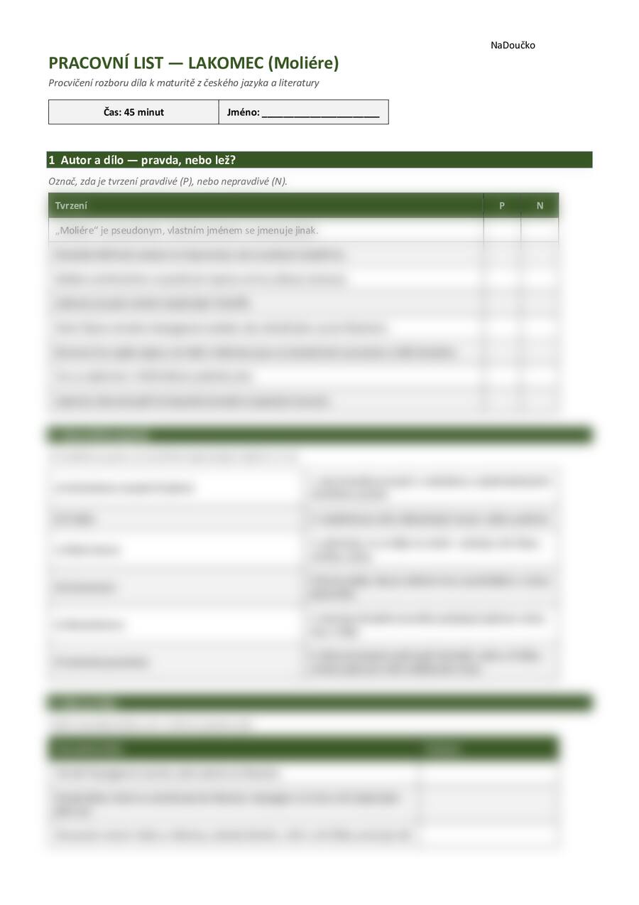 Pracovní list k dílu Lakomec - Moliére