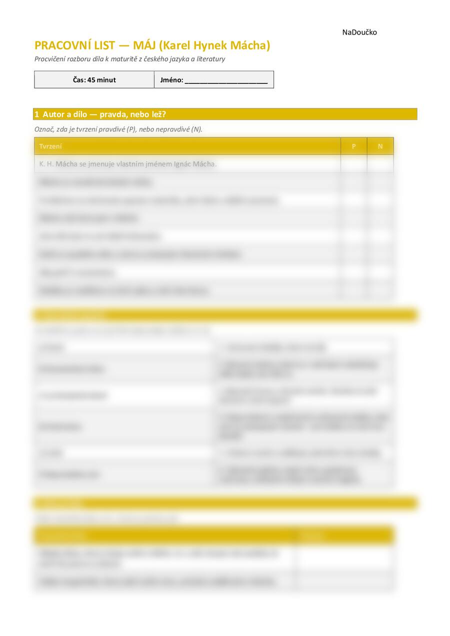 Pracovní list k dílu Máj - Karel Hynek Mácha