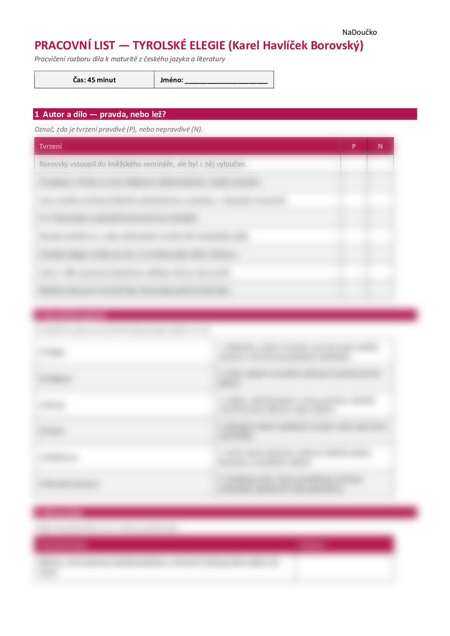 Pracovní list k dílu Tyrolské elegie - Karel Havlíček Borovský