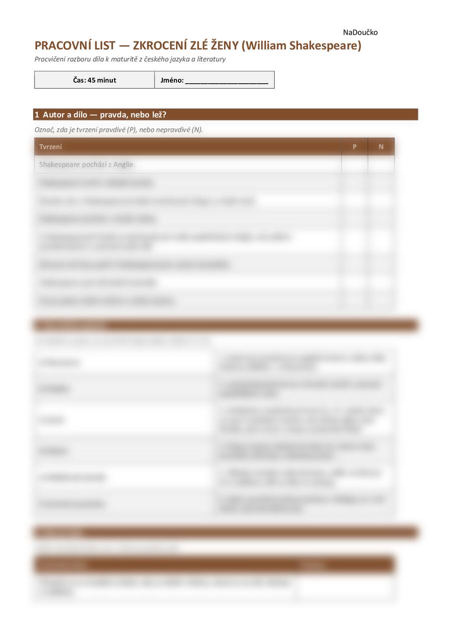 Pracovní list k dílu Zkrocení zlé ženy - William Shakespeare