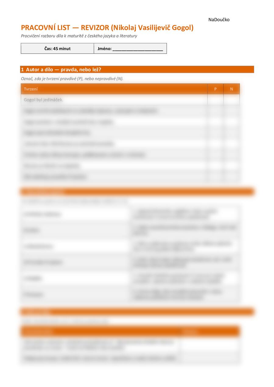 Pracovní list k dílu Revizor - Nikolaj Vasilijevič Gogol